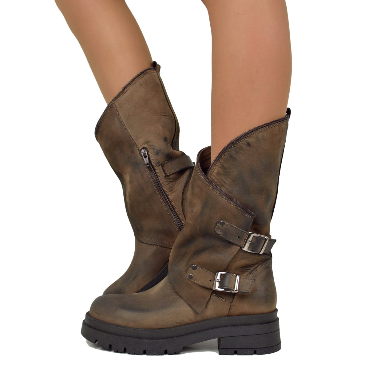 Women s Brown Biker Boots with Buckles and Side Zip Made in Italy