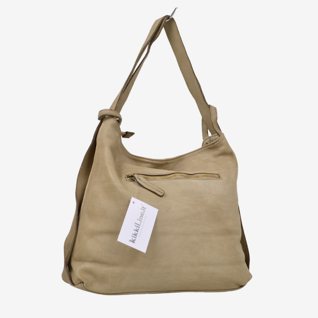 Borsa Zaino in Vera Pelle Morbida Nappa Taupe a Mano o con Tracolla - 3