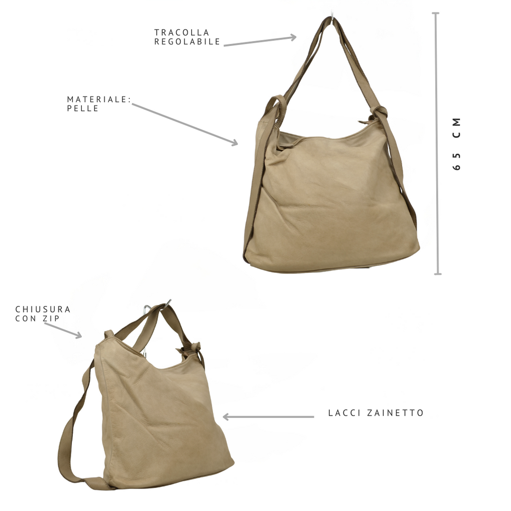 Borsa Zaino in Vera Pelle Morbida Nappa Taupe a Mano o con Tracolla - 4