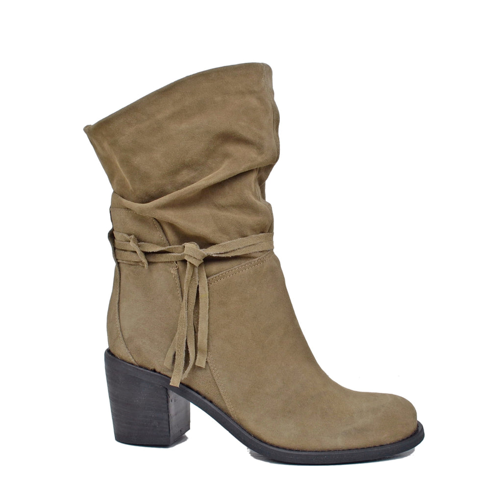 Classic Pleated Suede Ankle Booties with 7cm Block Heel Taupe - 2