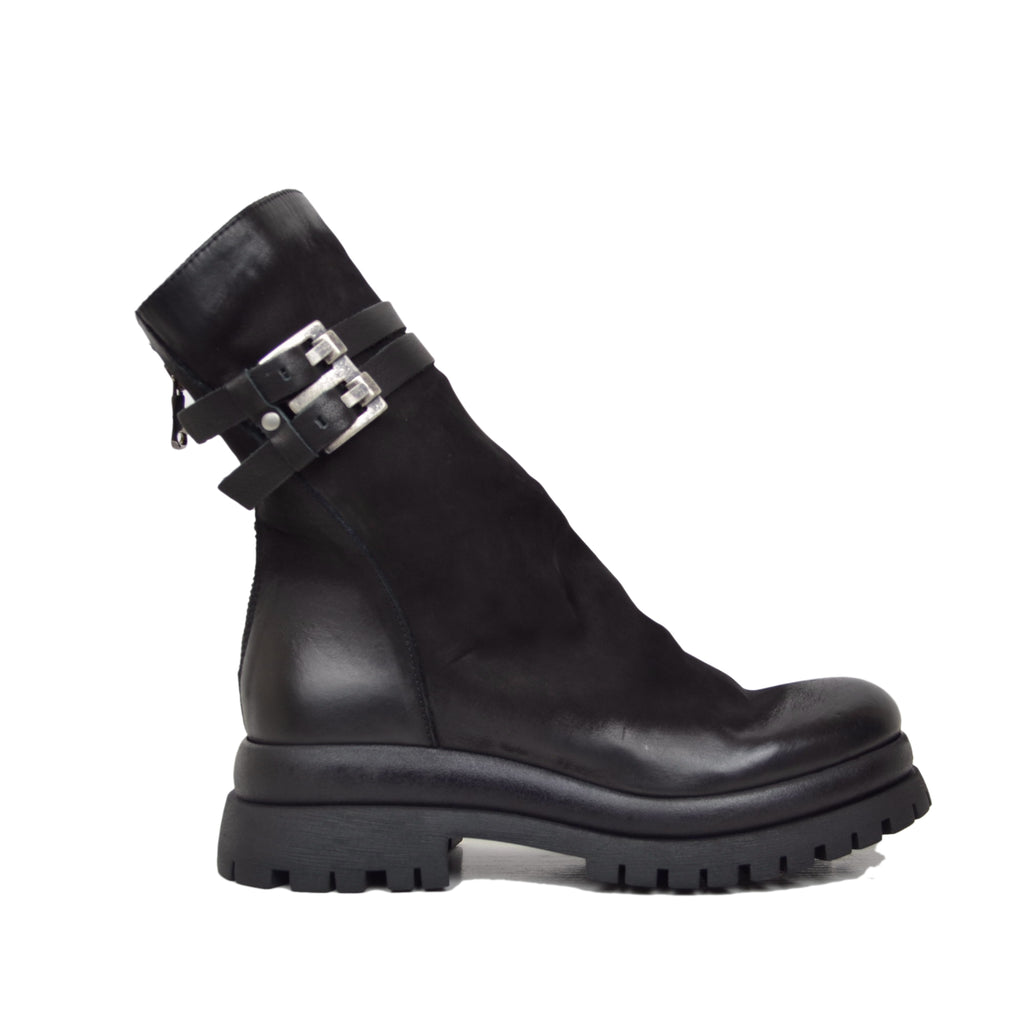 Biker Chunky boots Pelle Nabuk Stivaletti alla Caviglia Zip Posteriore Neri - 2