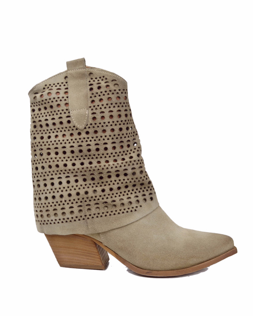 Sommer-Cowboystiefel aus Wildleder mit Lochmuster und 6 cm Absatz – Beige - 2