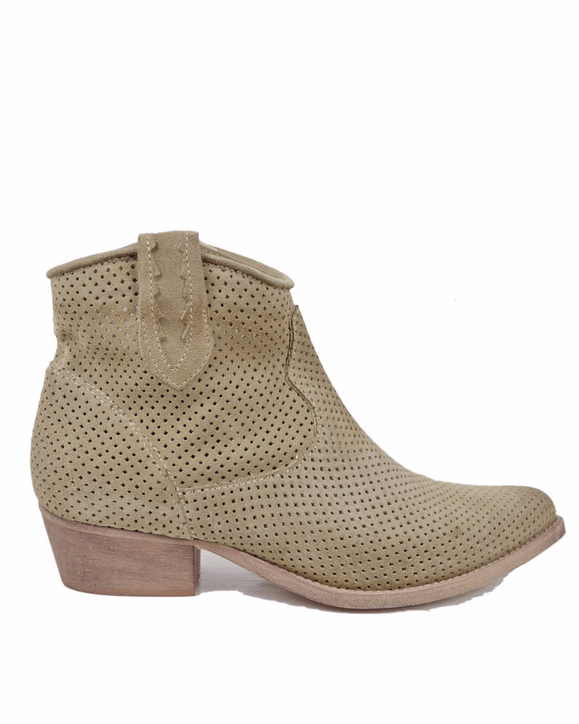 Stivaletti Estivi Traforati  Texanini alla Caviglia in Pelle Scamosciata Beige - 2