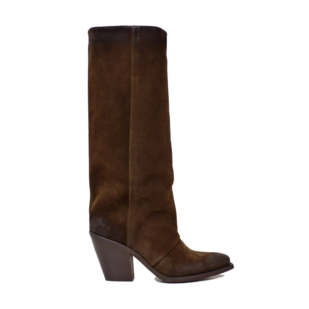 Texans High with Gaiter Suede Leather High Heel Brown - 5