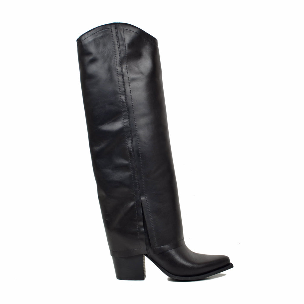 Elegante hohe Stiefel mit Gamasche aus echtem Leder, Schwarz, Absatz 8 cm - 3