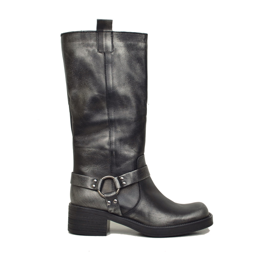 Women's Biker Boots in Shaded Vintage Leather with Square Toe - 2