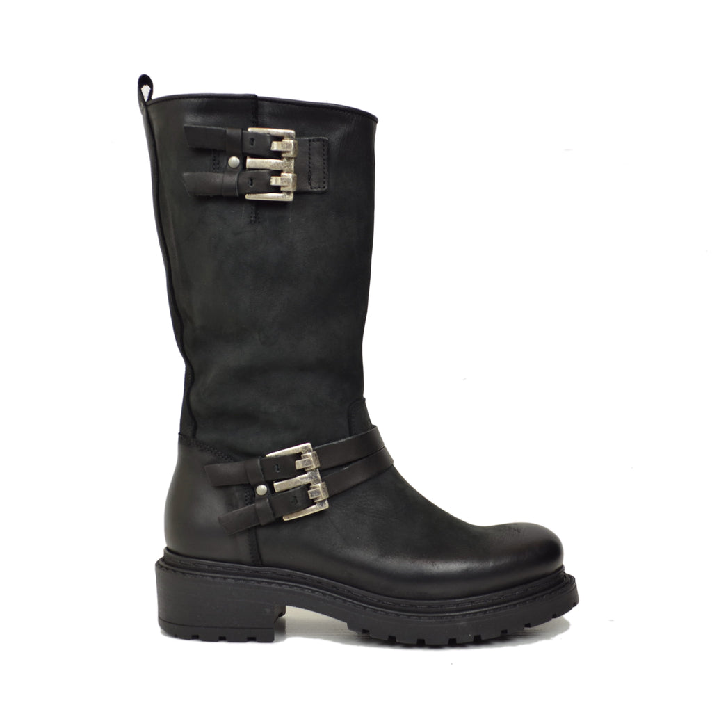 Biker boots Pelle Nabuk Stivaletti Altezza Media con Zip Neri - 2