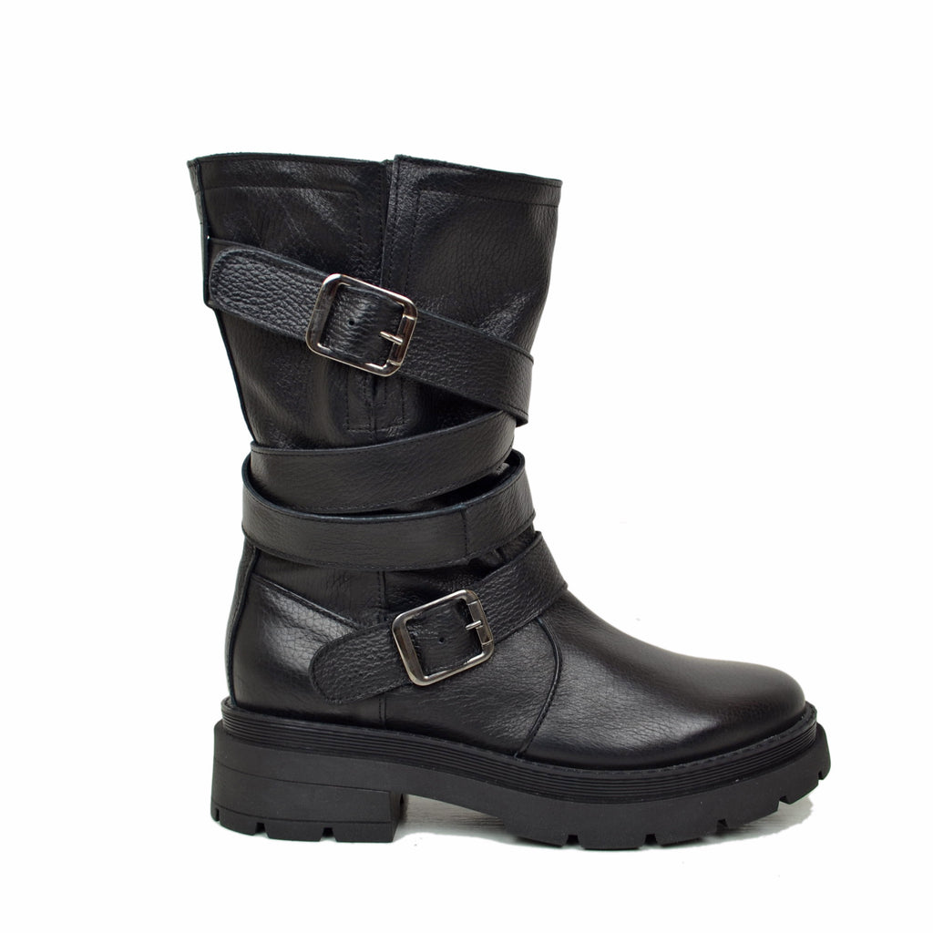 Biker Boots Donna in Pelle Bottalata Made in Italy con Fibbie - 2