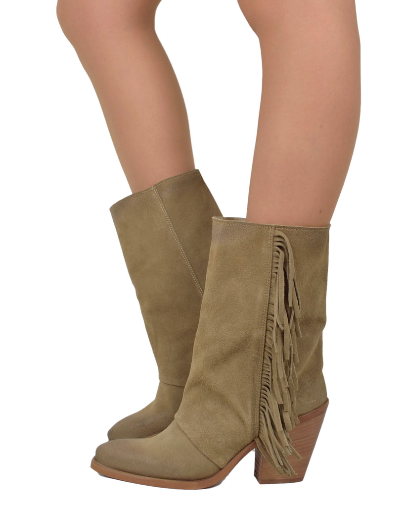 Western Boots with Fringes Suede High Heel 9 cm Taupe