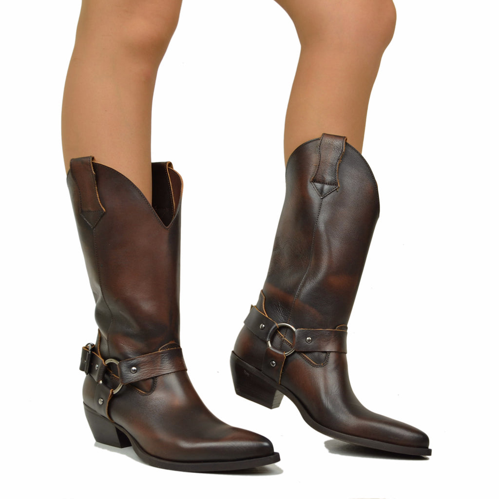 Dark Brown Shaded Texan Boots with Anklet Cowboy Boots - 4