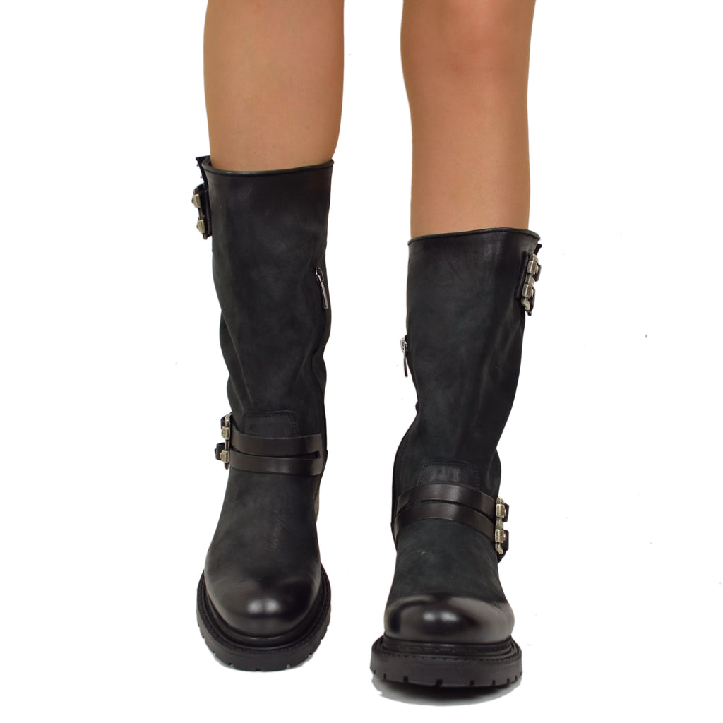 Biker boots Pelle Nabuk Stivaletti Altezza Media con Zip Neri - 5