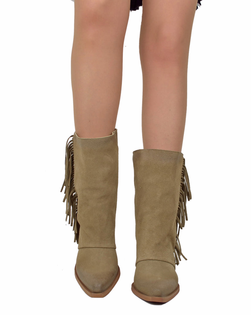 Western Boots with Fringes Suede High Heel 9 cm Taupe - 3