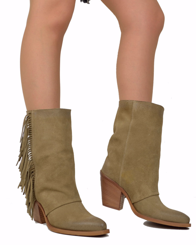 Western Boots with Fringes Suede High Heel 9 cm Taupe - 4