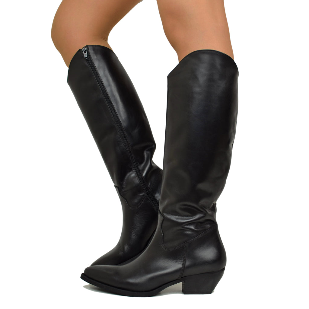 Knee High Texans in Genuine Leather with Side Zip Genuine Leather Black - 6