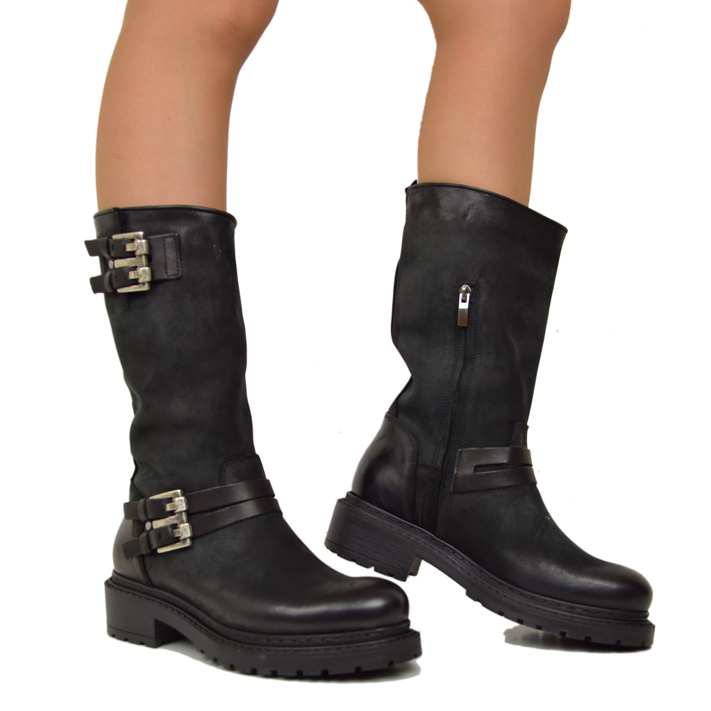 Biker boots Pelle Nabuk Stivaletti Altezza Media con Zip Neri - 4