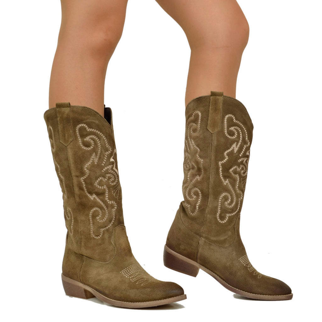 Gesteppte Texan-Stiefel aus Wildleder, Absatz 4 cm, Taupe - 4