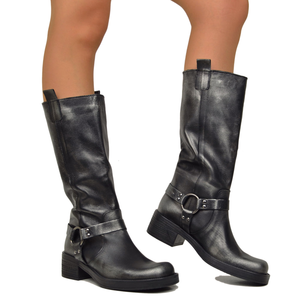 Women's Biker Boots in Shaded Vintage Leather with Square Toe - 4