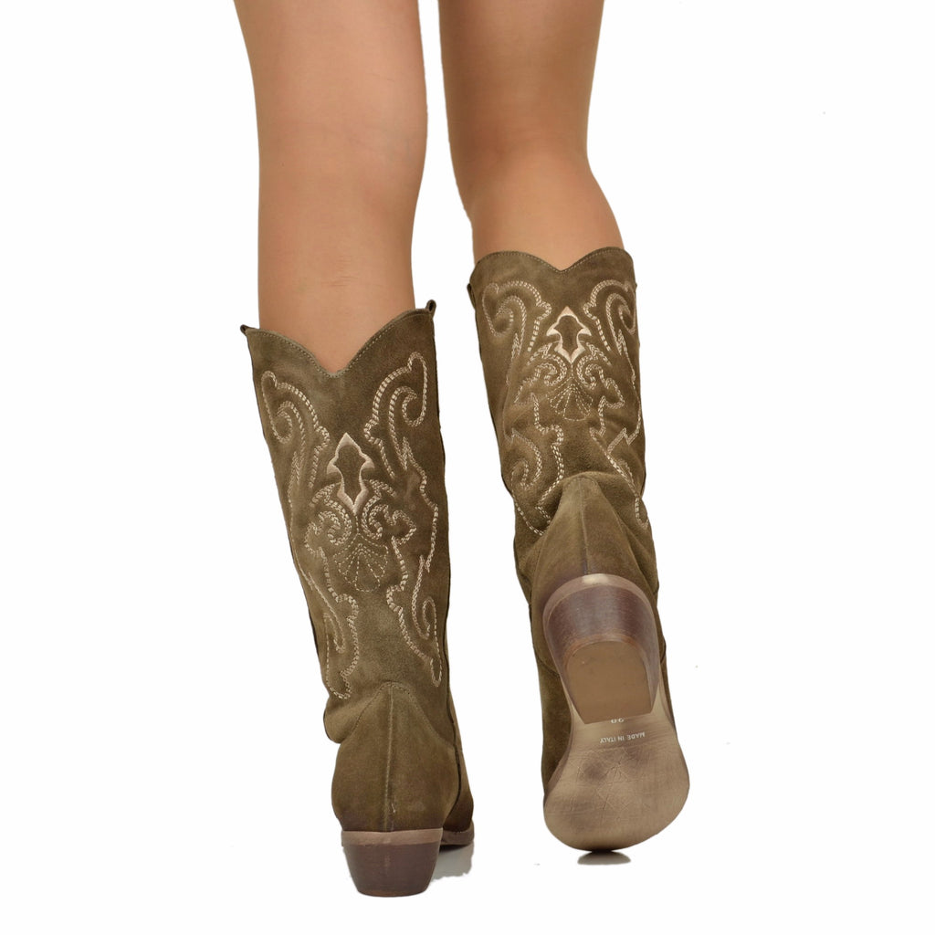 Gesteppte Texan-Stiefel aus Wildleder, Absatz 4 cm, Taupe - 5