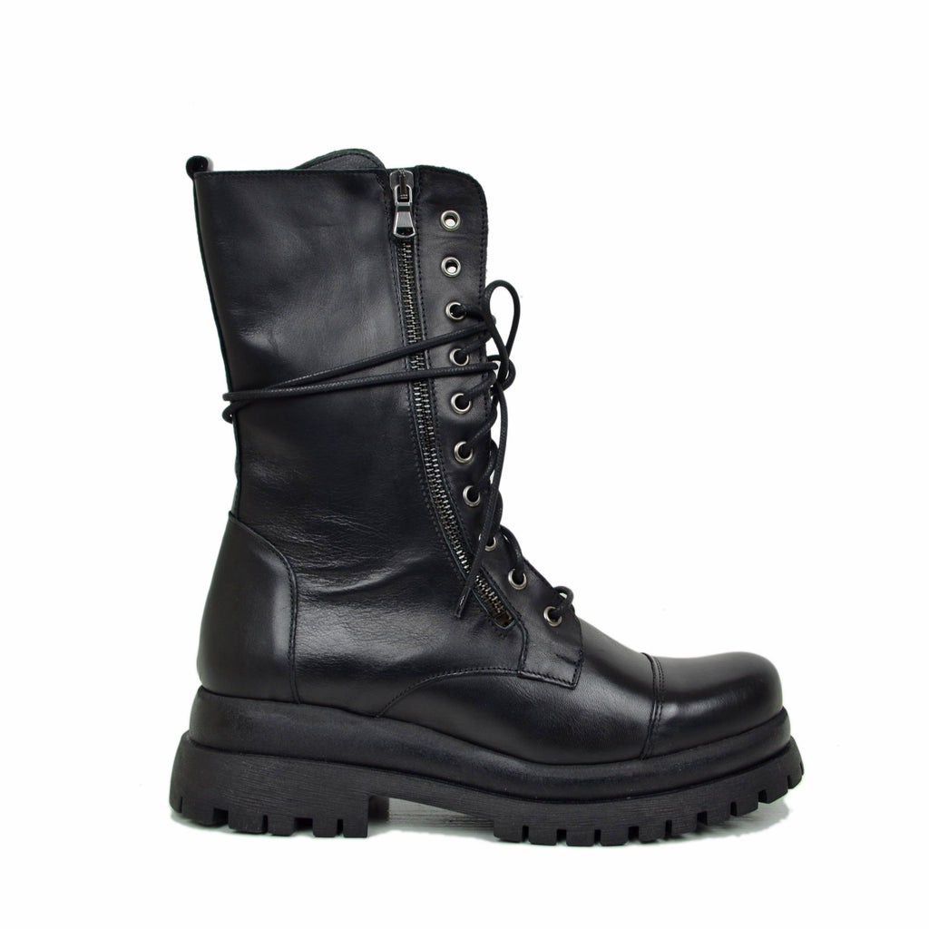 Stivali Anfibi Stringati Doppio Fondo Chunky Boots Vera Pelle Nera - 2