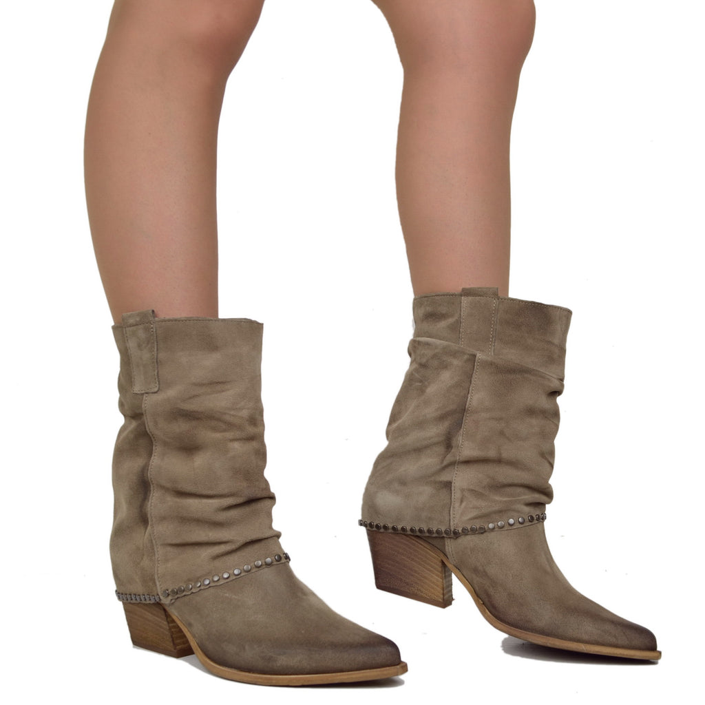 Suede Studded Ankle Texan Boots with Gaiter Made in Italy Taupe - 3