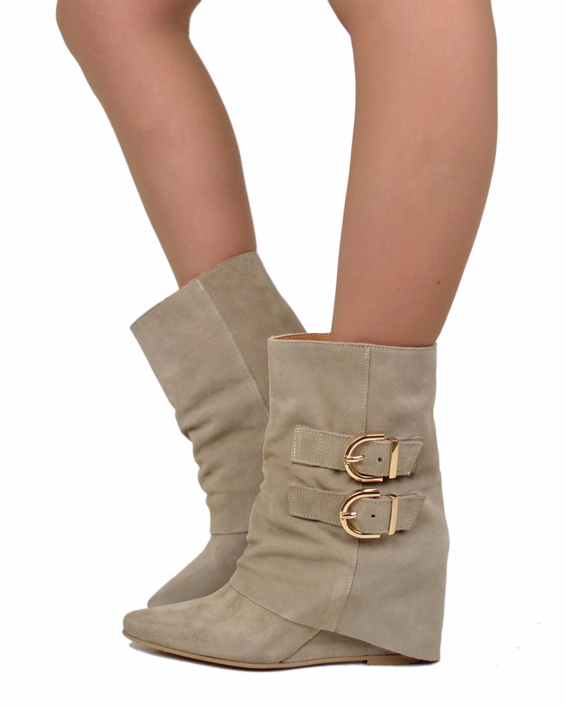 Taupe Suede Ankle Boots with Wedge Heel and Pointed Toe, 7 cm