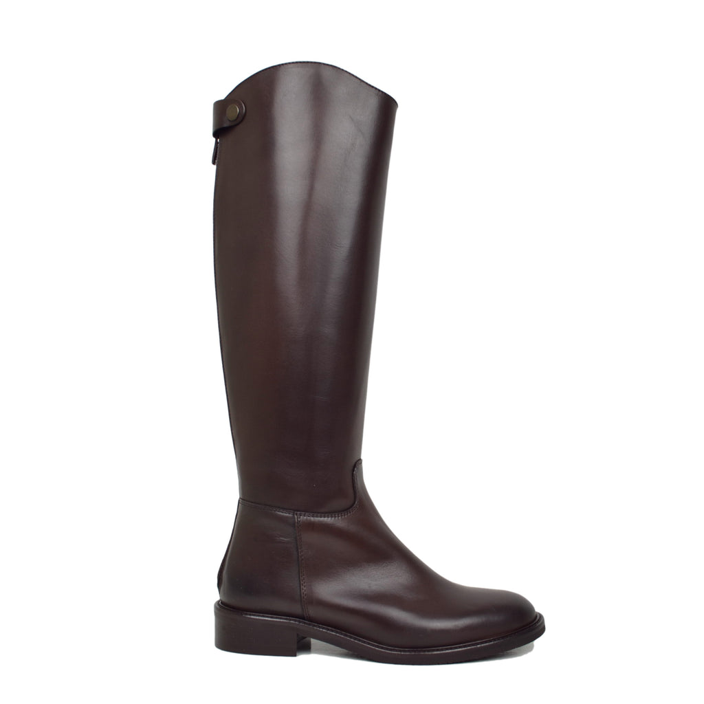 Women's Dark Brown Leather Riding Boots with Zip and Button - 2