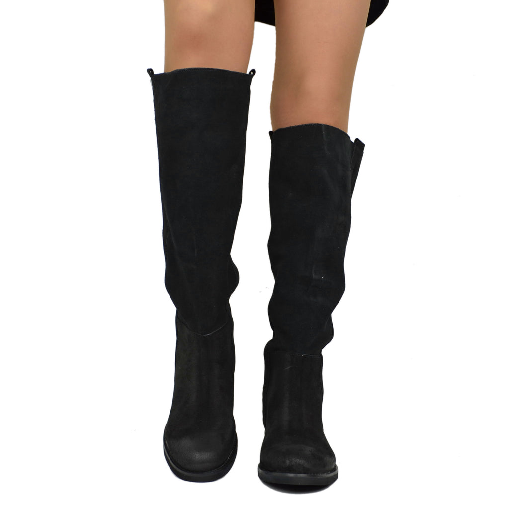 Suede Riding Boots with Low Heel and Tall Shaft – Black - 5