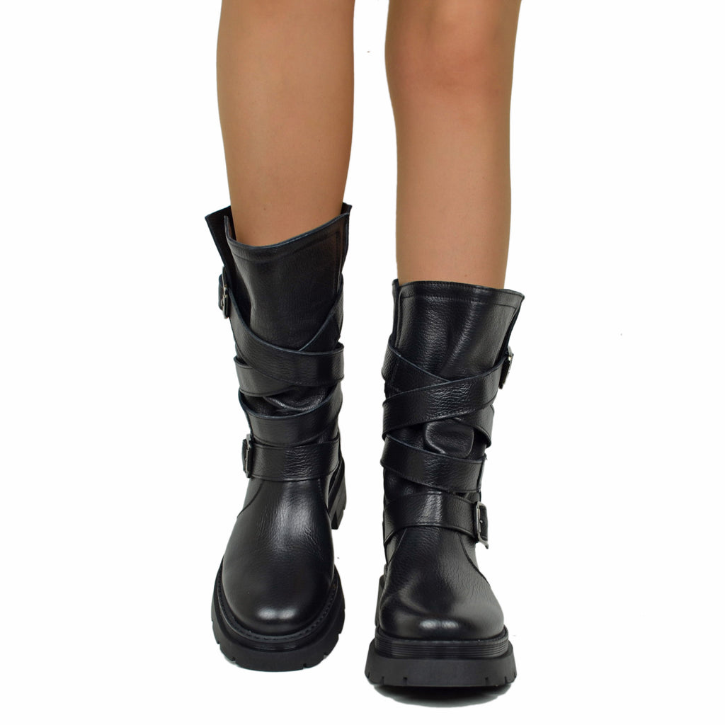 Biker Boots Donna in Pelle Bottalata Made in Italy con Fibbie - 4