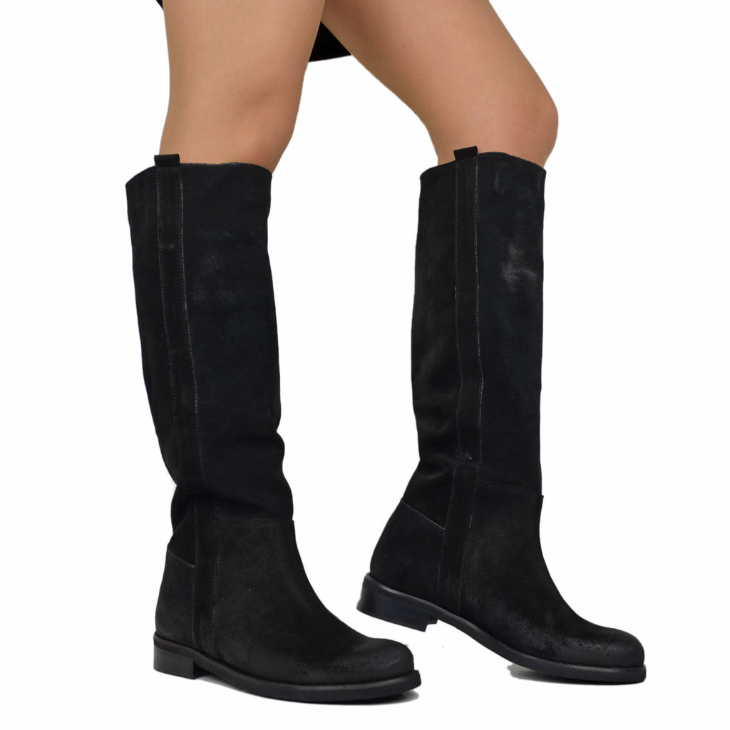 Suede Riding Boots with Low Heel and Tall Shaft – Black - 3