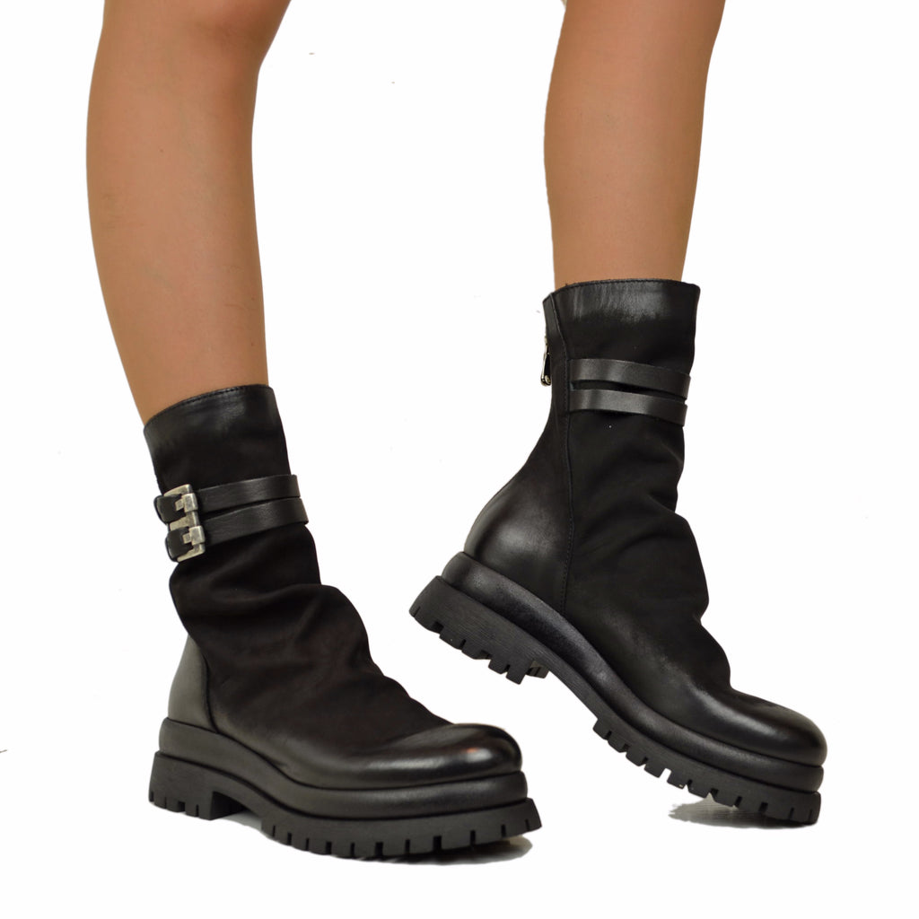 Biker Chunky boots Pelle Nabuk Stivaletti alla Caviglia Zip Posteriore Neri - 4