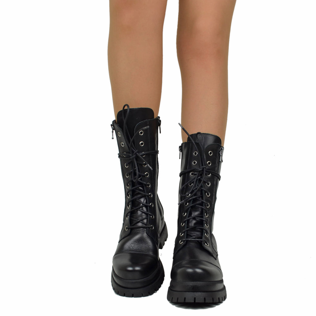 Stivali Anfibi Stringati Doppio Fondo Chunky Boots Vera Pelle Nera - 5