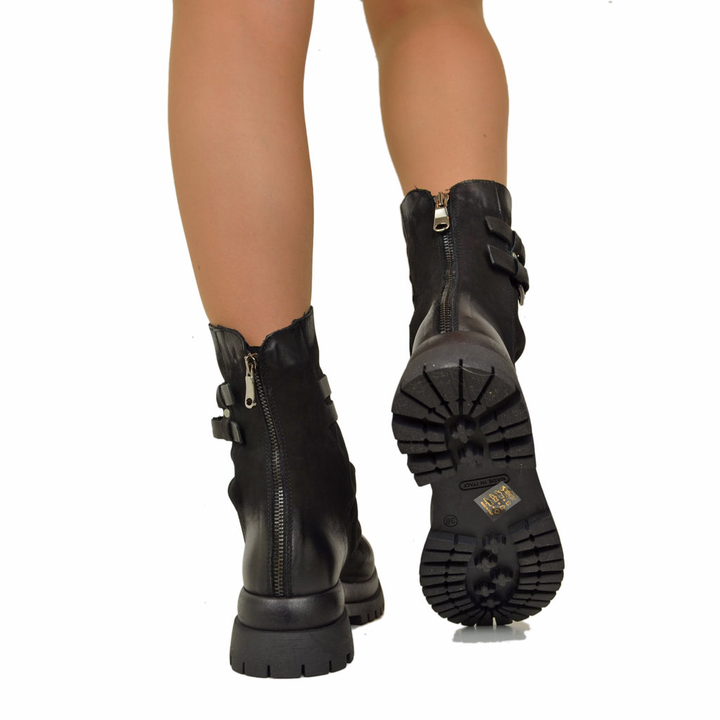 Biker Chunky boots Pelle Nabuk Stivaletti alla Caviglia Zip Posteriore Neri - 5