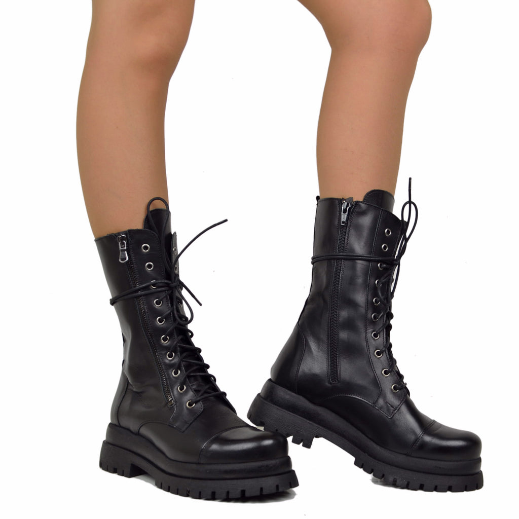 Stivali Anfibi Stringati Doppio Fondo Chunky Boots Vera Pelle Nera - 3