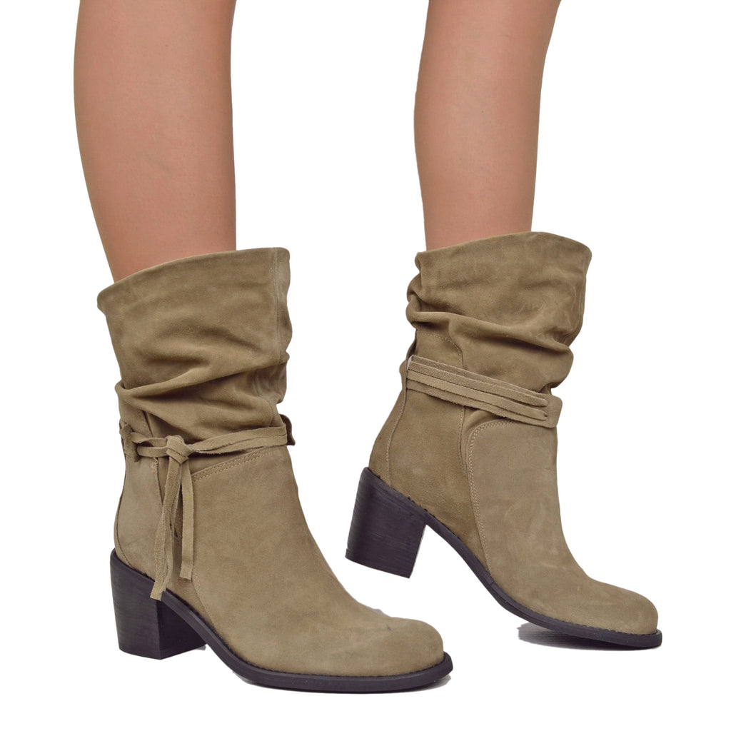 Classic Pleated Suede Ankle Booties with 7cm Block Heel Taupe - 4