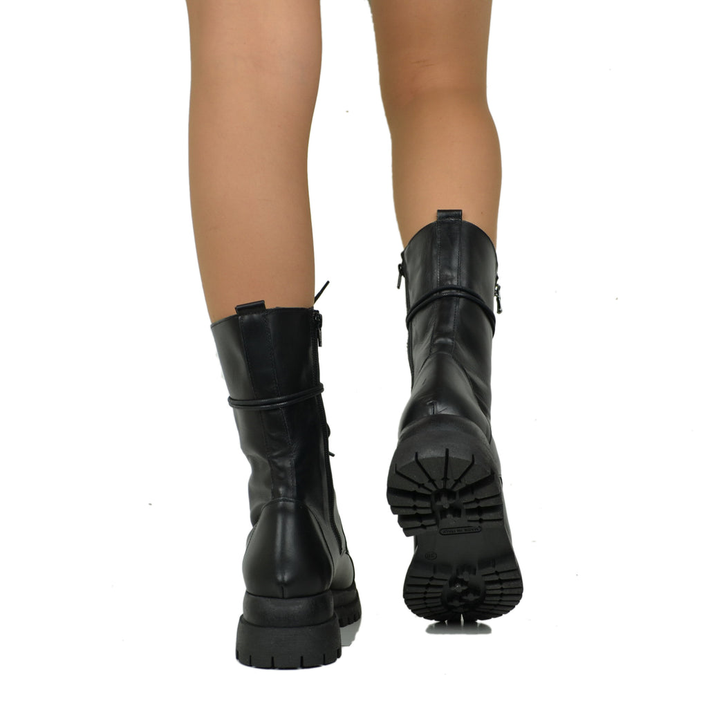 Stivali Anfibi Stringati Doppio Fondo Chunky Boots Vera Pelle Nera - 4