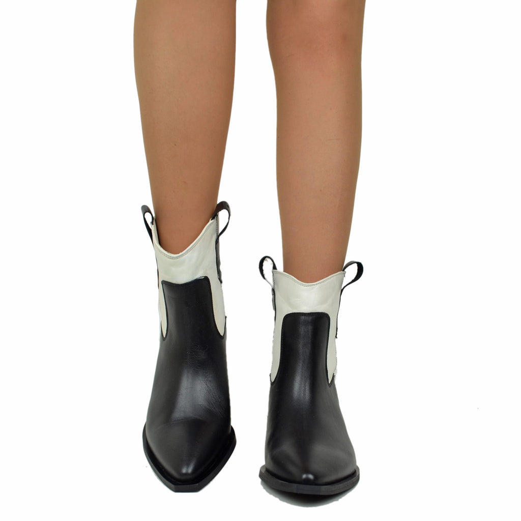 Two-Tone Cowboy Boots Black and Off-White, Ankle Boots - 5