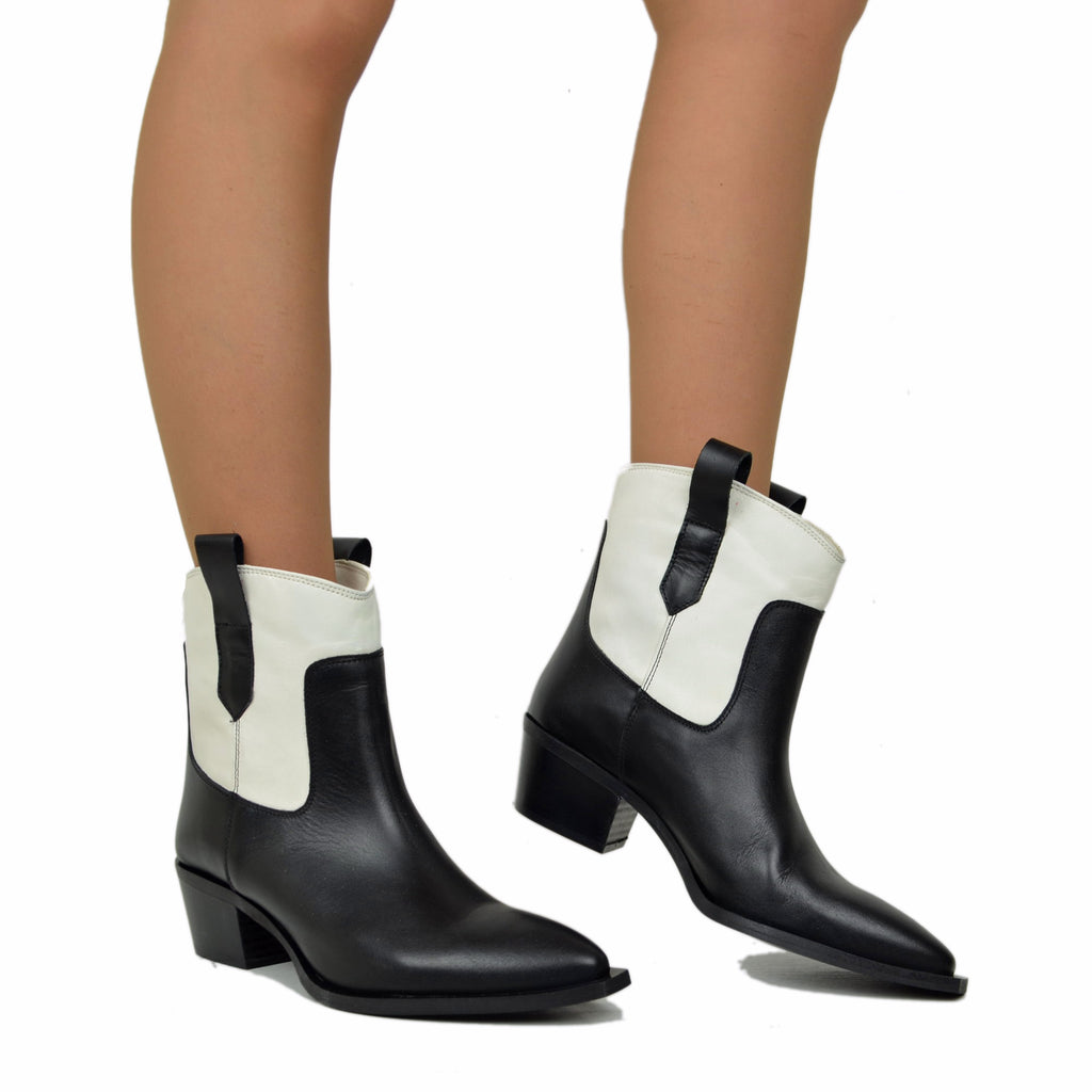 Two-Tone Cowboy Boots Black and Off-White, Ankle Boots - 3