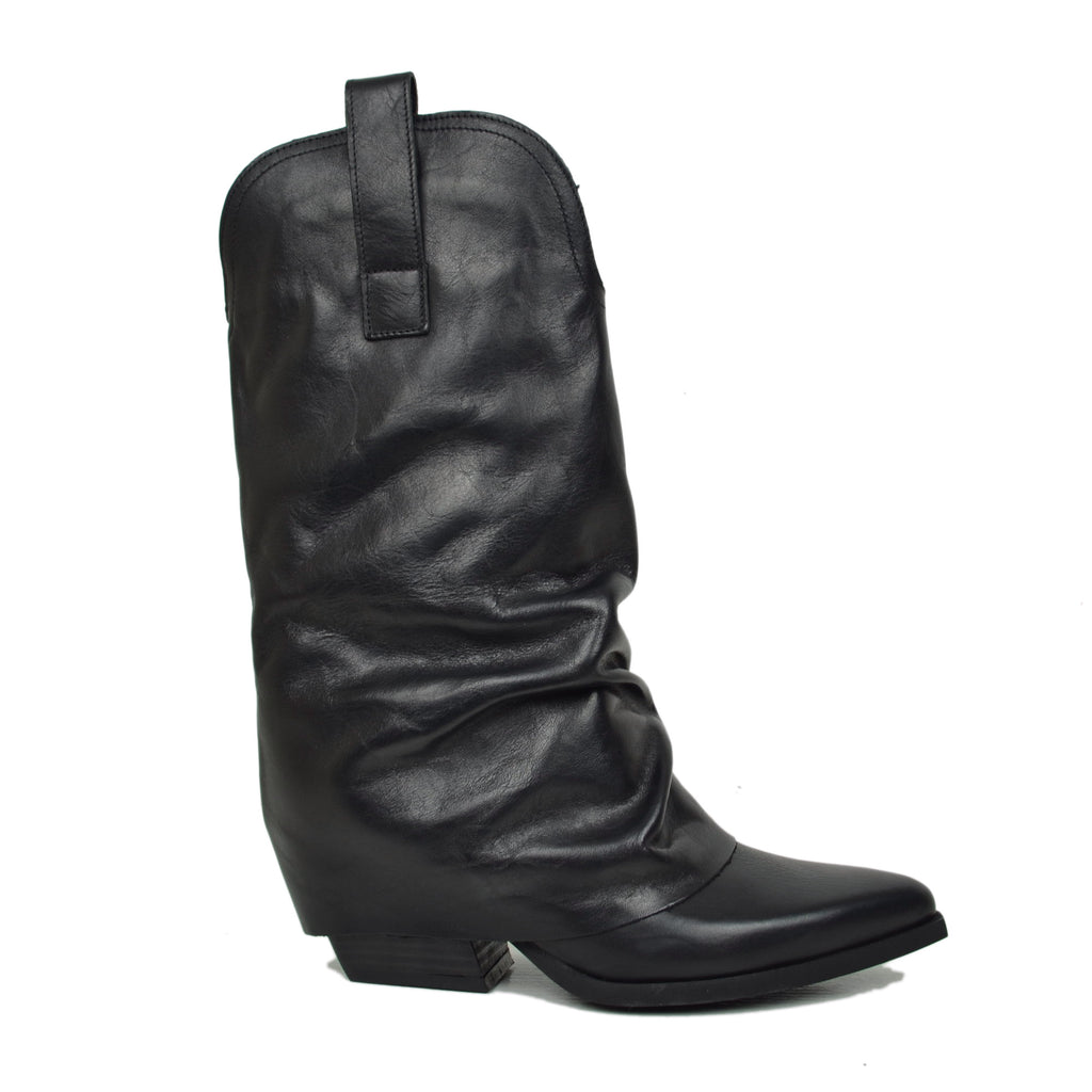 Western Stiefel aus schwarzem Echtleder, mittlerer Schaft mit Gamaschenabsatz 7 cm - 2