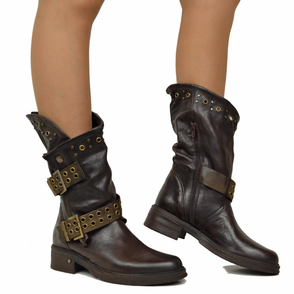 Women's Black Leather Biker Boots with Studs and Buckles Made in Italy - 5