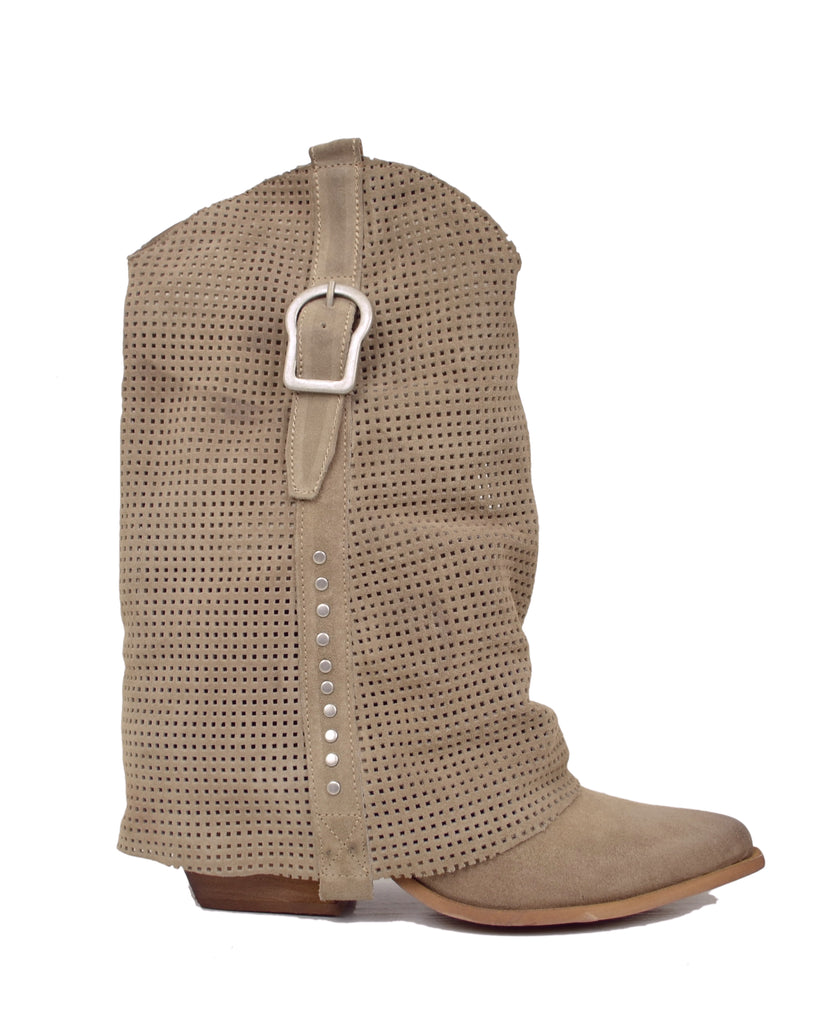 Sommer Westernstiefel mit Perforierter Gamasche, Weitem Schaft und Wildleder Taupe - 3