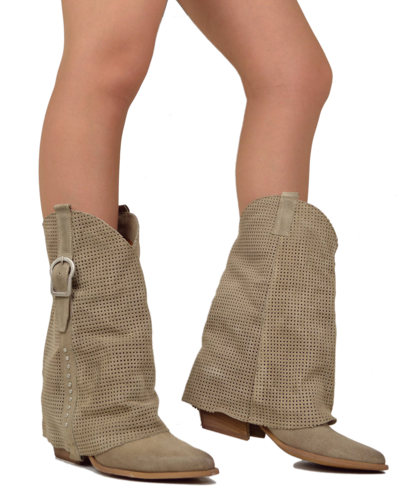 Sommer Westernstiefel mit Perforierter Gamasche, Weitem Schaft und Wildleder Taupe - 5