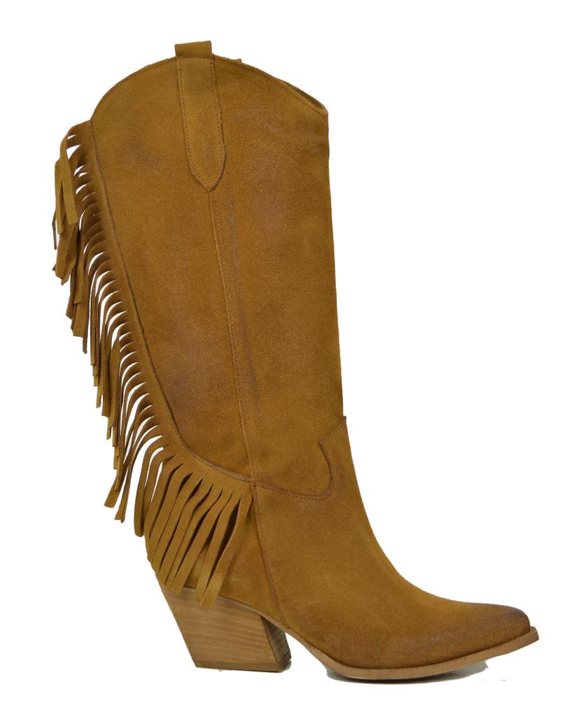 Fringed Western Cowboy Boots in Suede Leather – Tan - 2