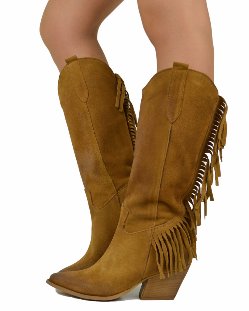 Fringed Western Cowboy Boots in Suede Leather – Tan