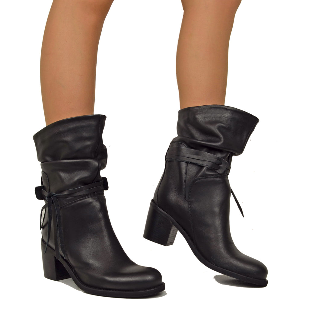 Classic Pleated Ankle Boots with 7 cm Block Heel Black - 4