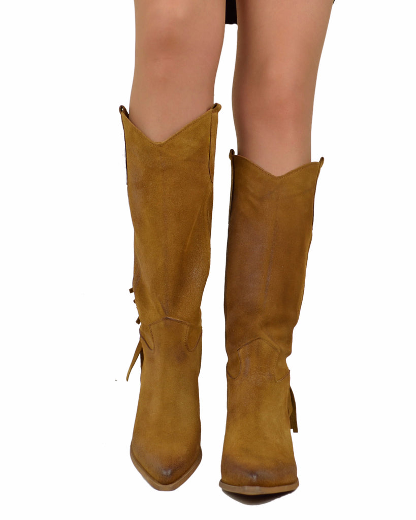 Fringed Western Cowboy Boots in Suede Leather – Tan - 4