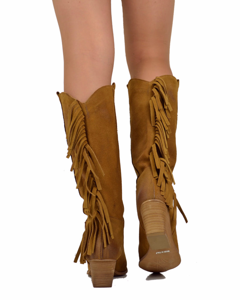 Fringed Western Cowboy Boots in Suede Leather – Tan - 6