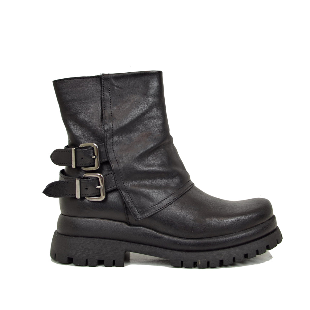 Biker Boots Platform con Ghetta e Zip Laterale Vera Pelle Neri - 2