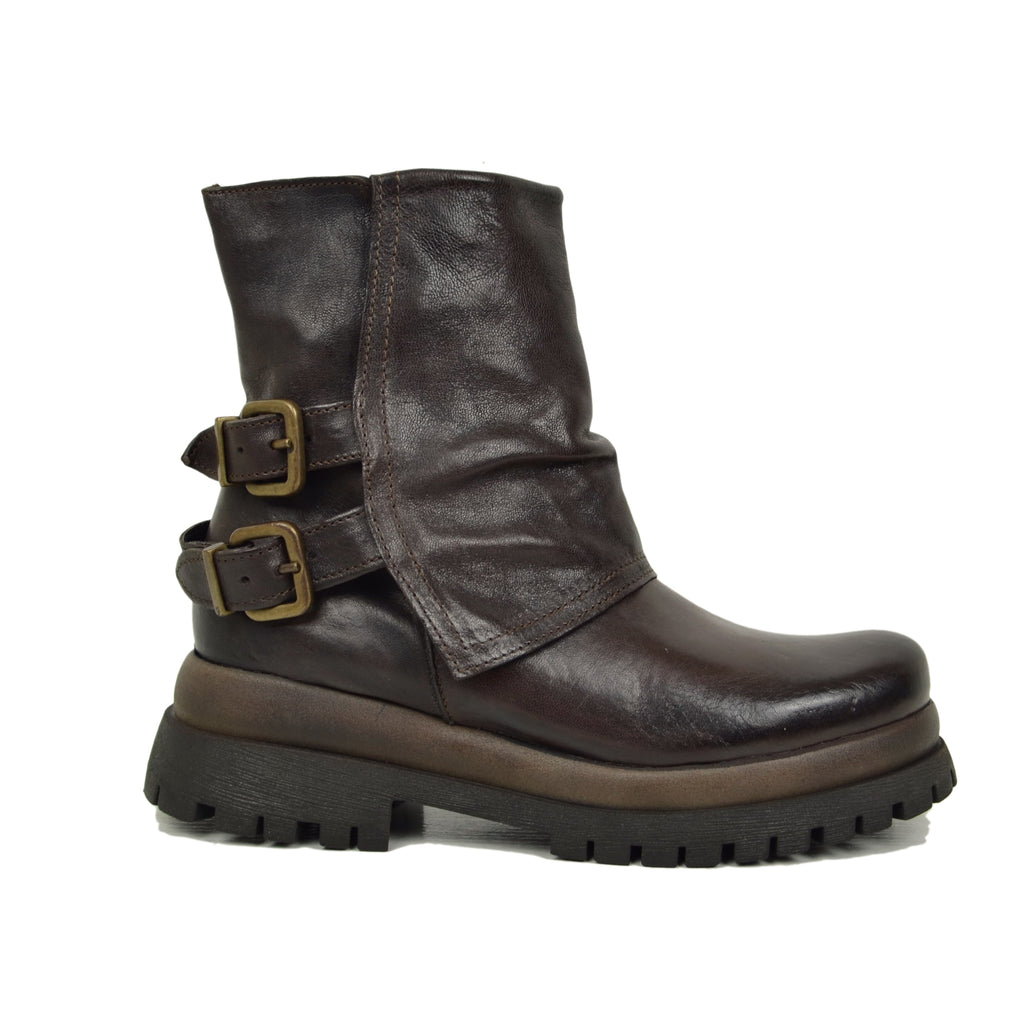 Biker Boots Platform con Ghetta e Zip Laterale Vera Pelle Marrone - 2