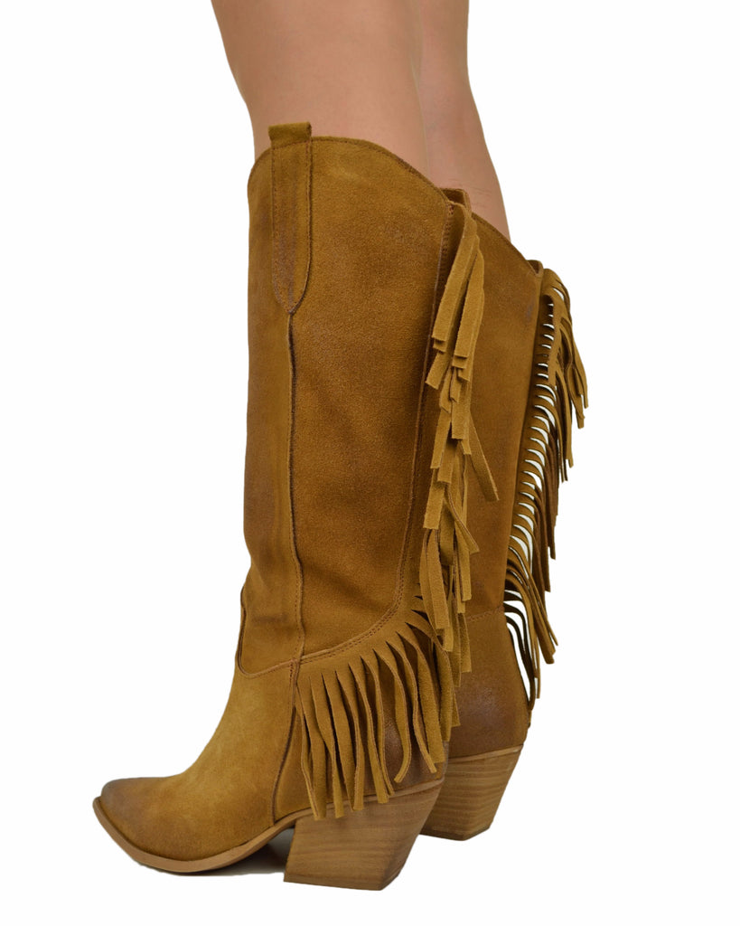 Fringed Western Cowboy Boots in Suede Leather – Tan - 3