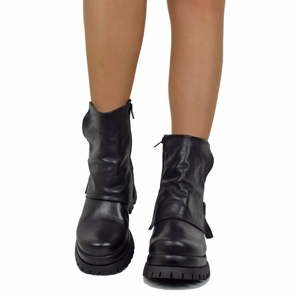 Biker Boots Platform con Ghetta e Zip Laterale Vera Pelle Neri - 3